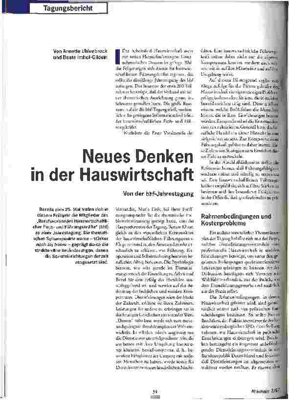 Vorschauseite 1: Neues Denken in der Hauswirtschaft Von der bhf-Jahrestagung