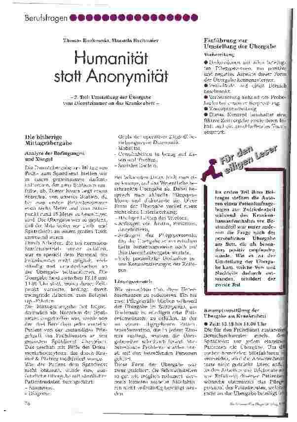 Vorschauseite 1: Humanität statt Anonymität