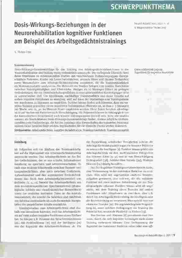 Vorschauseite 1: Dosis-Wirkungs-Beziehungen in der Neurorehabilitation kognitiver Funktionen am Beispiel des Arbeitsgedächtnistrainings