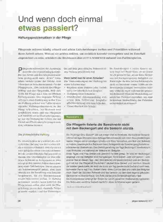 Vorschauseite 1: Und wenn doch einmal etwas passiert? Haftungsproblematiken in der Pflege