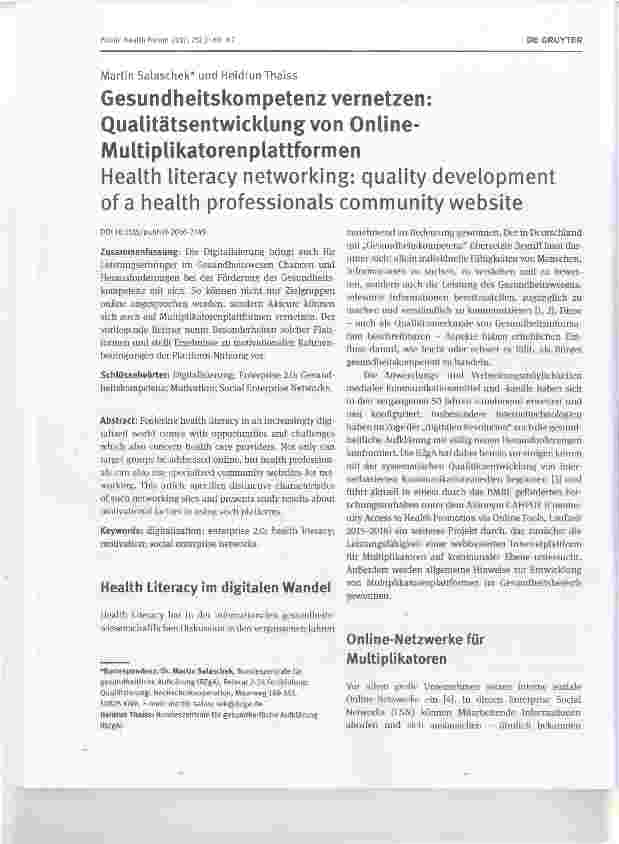 Vorschauseite 1: Gesundheitskompetenz vernetzen: Qualitatsentwicklung von Online- MuItiplikatorenplattformenHealth literacy networking: quality development of a health professionals community webs…