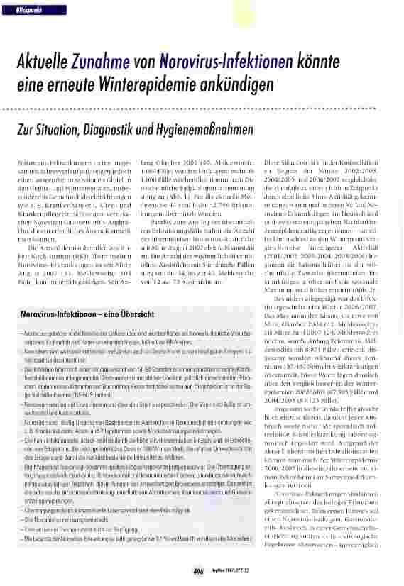 Vorschauseite 1: Aktuelle Zunahme von Norovirus-Infektionen könnte eine erneute Winterepidemie ankündigen