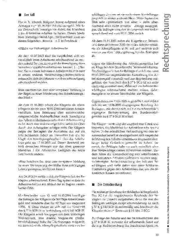 Vorschauseite 2: Kürzung des Arbeitslosengeldes bei unmissverständlicher Angabe des Meldezeitpunkts