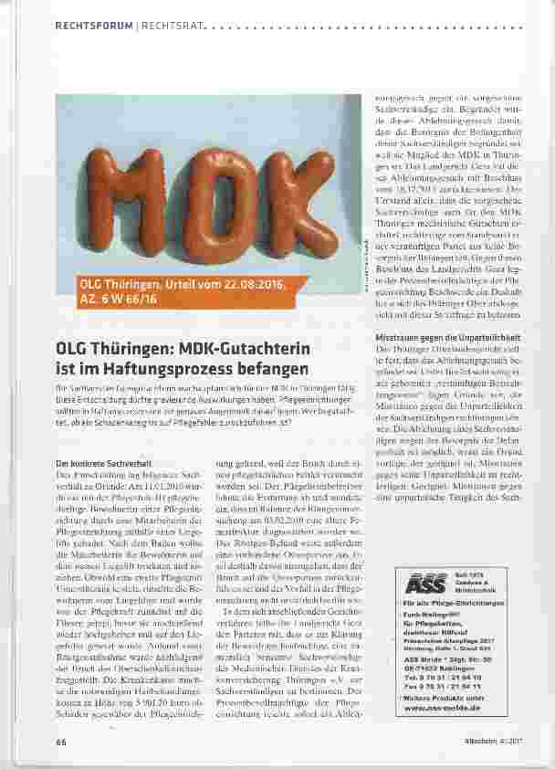 Vorschauseite 1: OLG Thüringen: MDK-Gutachterin ist im Haftungsprozess befangen