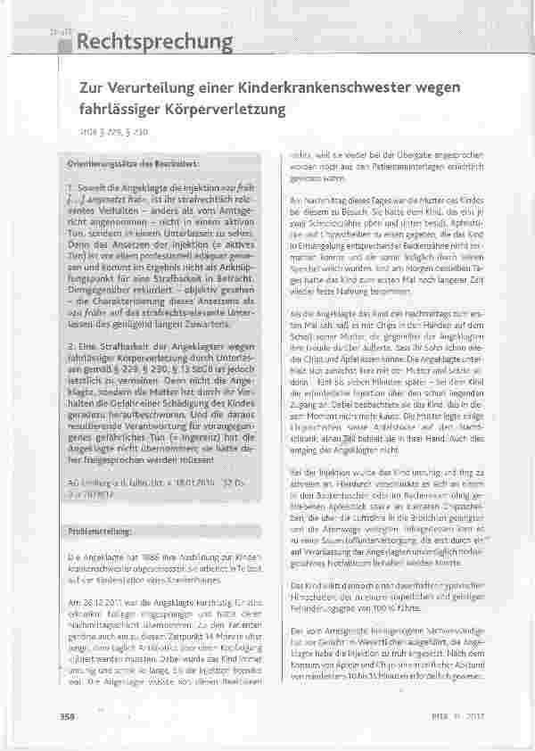 Vorschauseite 1: Zur Verurteilung einer Kinderkrankenschwester wegen fahrlässiger Körperverletzung