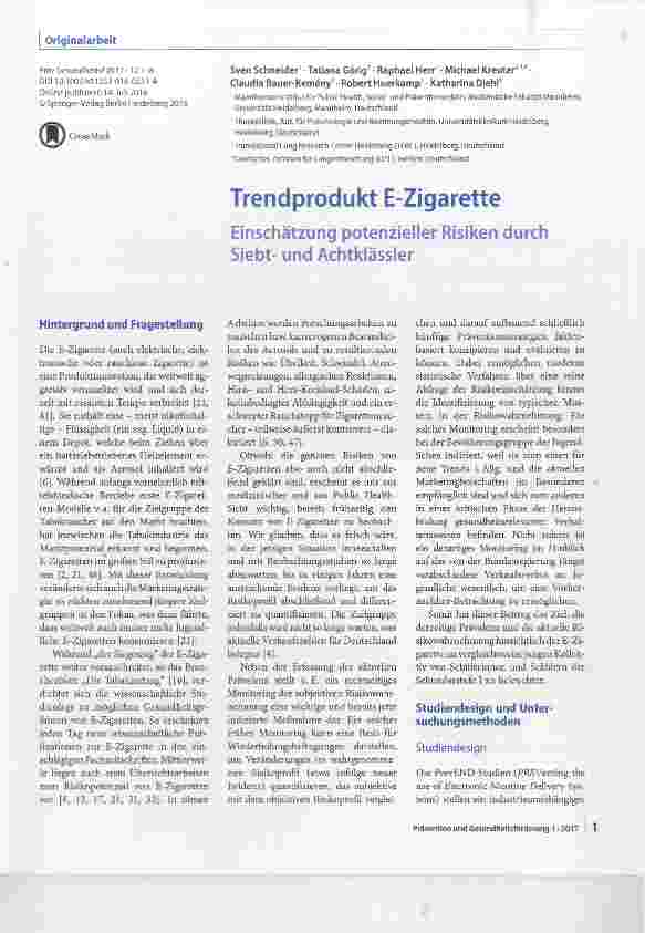 Vorschauseite 1: Trendprodukt E-Zigarette Einschätzung potenzieller Risiken durch Siebtund Achtklässler
