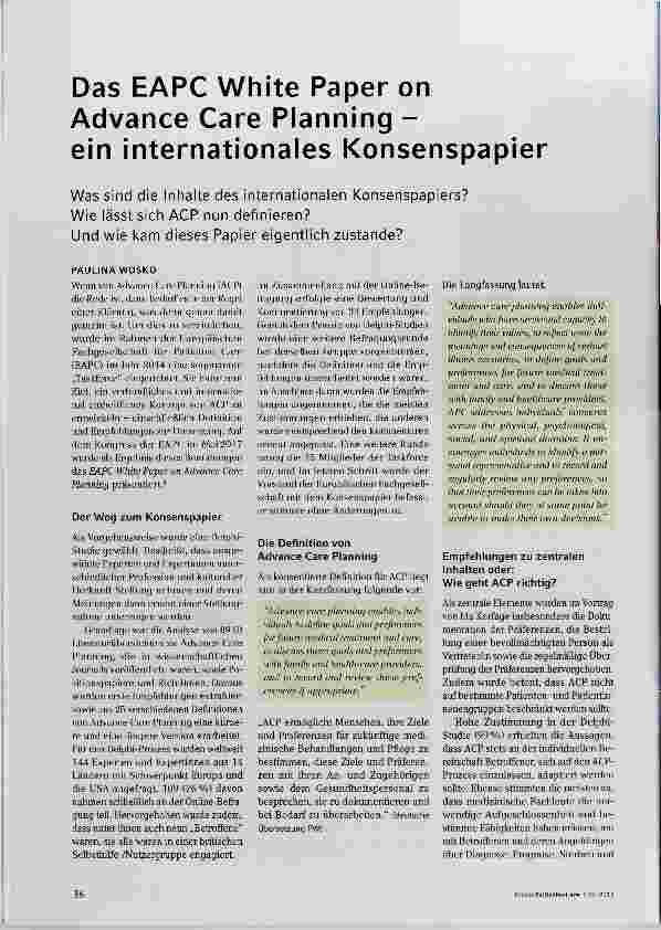 Vorschauseite 1: Das EAPC White Paper on Advance Care Planning ein internationales Konsenspapier