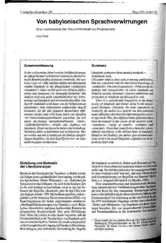 Vorschauseite 1: Von babylonischen Sprachverwirrungen Eine Literaturanalyse über Ziele und Merkmale von Pflegestandards