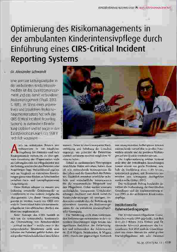 Vorschauseite 1: Optimierung des Risikomanagements in der ambulanten Kinderintensivpflege durch Einführung eines CIRS-Critical Inddent Reporting Systems