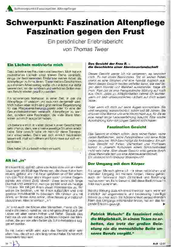 Vorschauseite 1: Schwerpunkt: Faszination Altenpflege Faszinaation gegen den Frust