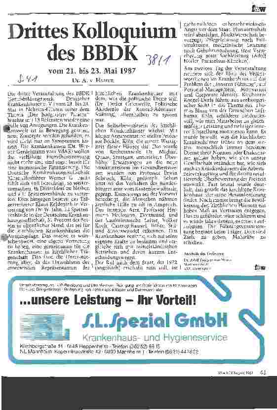 Vorschauseite 1: Drittes Kollequium des BBDK vom 21 bis 23 Mai 1987