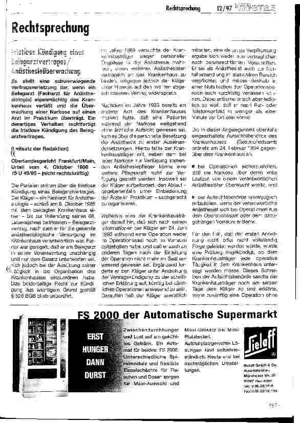 Vorschauseite 1: Fristlose Kündigung eines Belegarztvertrages/Anästhesieüberwachung