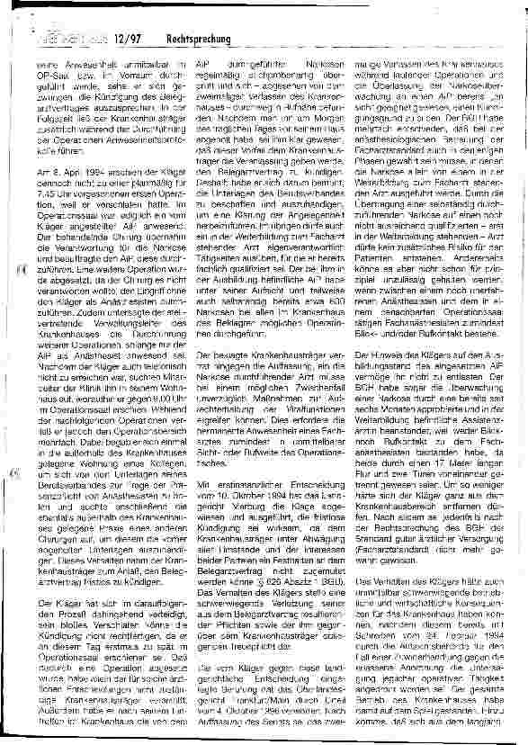 Vorschauseite 2: Fristlose Kündigung eines Belegarztvertrages/Anästhesieüberwachung
