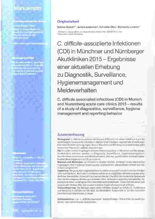 Vorschauseite 1: C. dificile-assoziierte Infektionen (GDI) in Münchner und Nürnberger Akutkliniken 2015 Ergebnisse einer aktuellen Erhebung zu Diagnostik, Surveillance, Hygienemanagement undMeldev…