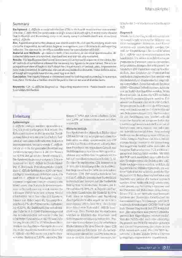 Vorschauseite 2: C. dificile-assoziierte Infektionen (GDI) in Münchner und Nürnberger Akutkliniken 2015 Ergebnisse einer aktuellen Erhebung zu Diagnostik, Surveillance, Hygienemanagement undMeldev…