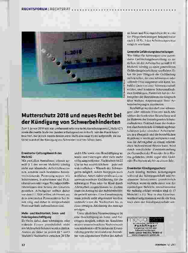 Vorschauseite 1: Mutterschutz 2018 und neues Recht bei der Kündigung von Schwerbehinderten