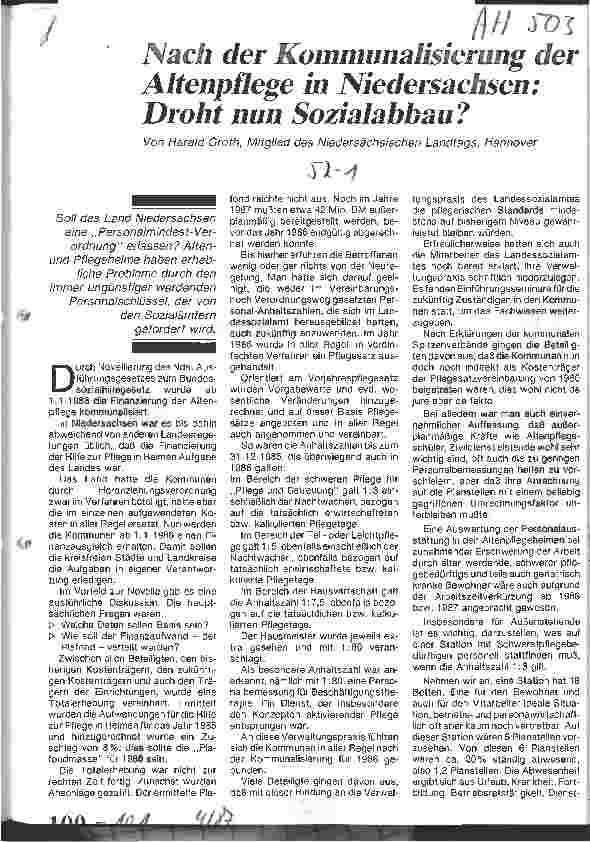 Vorschauseite 1: Nach der Kommunalisierung der Altenpflege in Niedersachsen: Droht nun Sozialabbau?