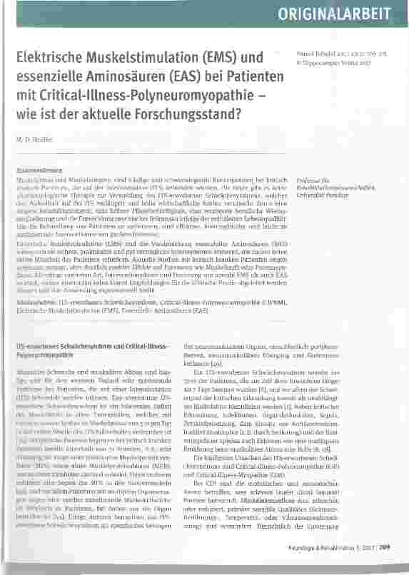 Vorschauseite 1: Elektrische Muskelstimulation (EMS) und essenzielle Aminosäuren (EAS) bei Patienten mit Critical-Illness-Polyneuromyopathie wie ist der aktuelle Forschungsstand?