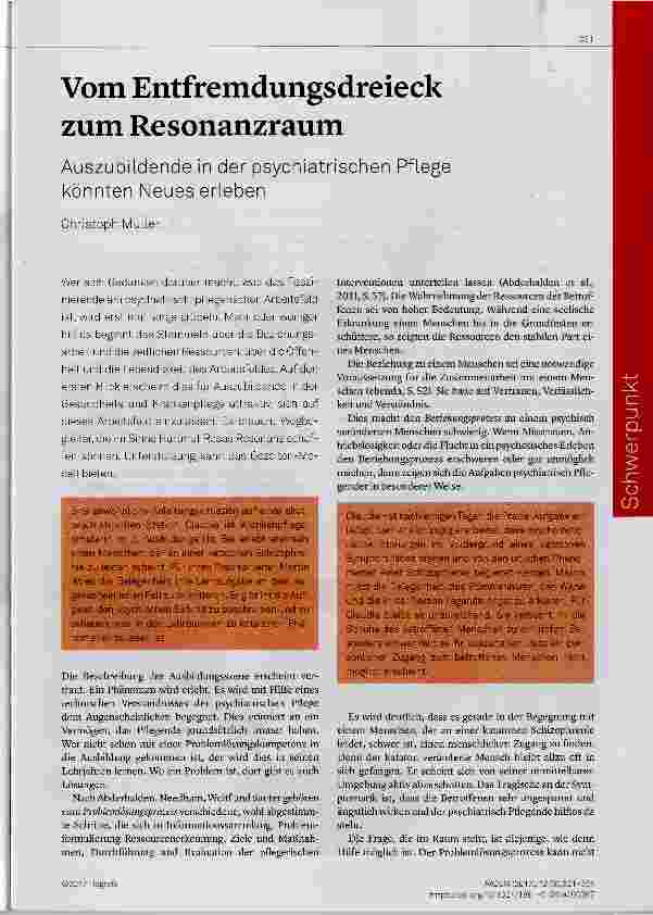 Vorschauseite 1: Vom Entfremdungsdreieck zum Resonanzraum Auszubildende in der psychiatrischen Pflege könnten Neues erleben