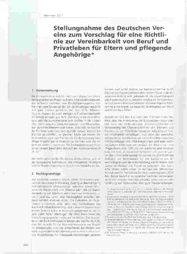 Vorschauseite 1: Stellungnahme des Deutschen Vereins zum Vorschlag für eine Richtlinie zur Vereinbarkeit von Beruf und Privatleben für Eltern und pflegende Angehörige