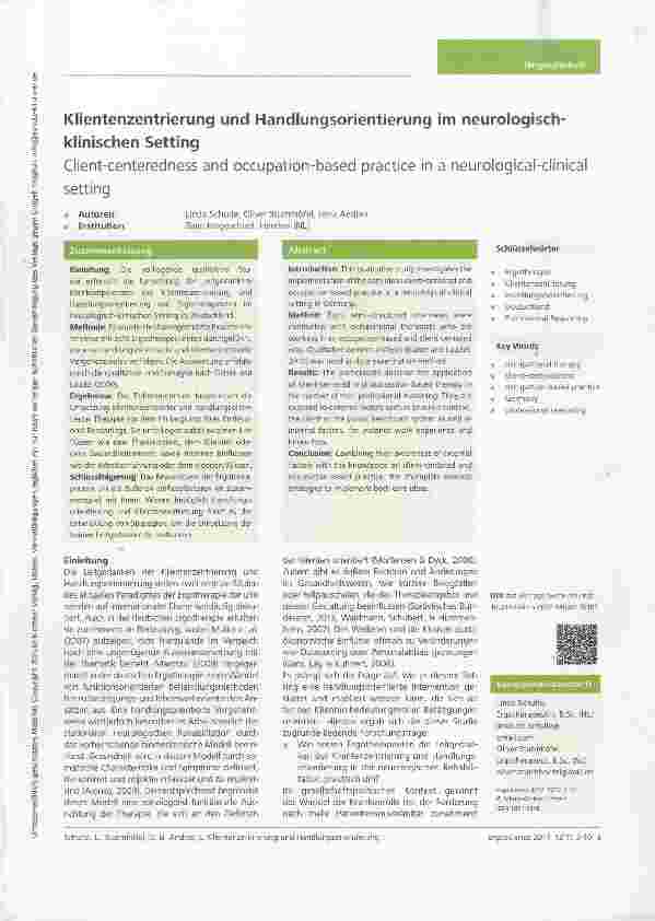Vorschauseite 1: Klientenzentrierung und Handlungsorientierung im neurologischklinischen Setting