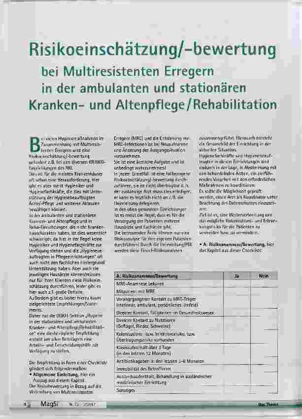 Vorschauseite 1: Risikoeinschätzung/-Bewertung bei Multiresistenten Erregern in der ambulanten und stationären Krankenund Altenpflege/Rehabilitation
