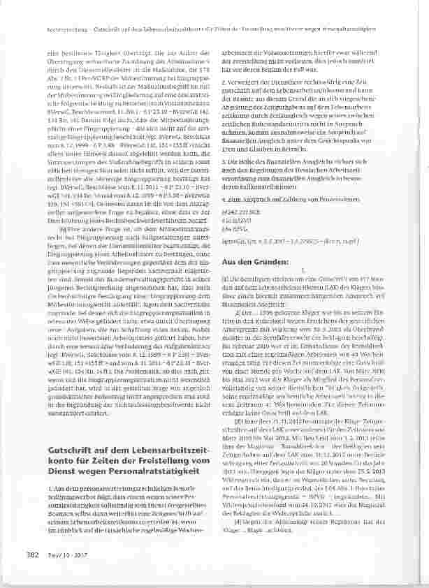 Vorschauseite 1: Gutschrift auf dem Lebensarbeitszeitkonto für Zeiten der Freistellung vom Dienst wegen Personalratstätigkeit