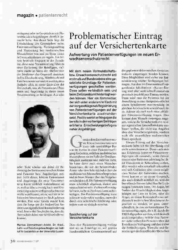 Vorschauseite 1: Problematischer Eintrag auf der VersichertenkarteAufwertung von Patientenverfügungen im neuen Erwachsenenschutzrecht