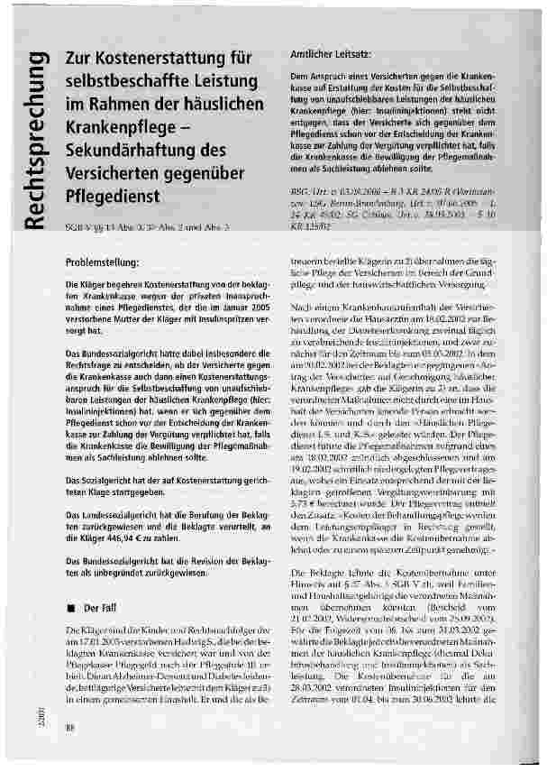 Vorschauseite 1: Zur Kostenerstattung für selbstbeschaffte Leistung im Rahmen der häuslichen Krankenpflege -Sekundärhaftung des Versicherten gegenüber Pflegedienst