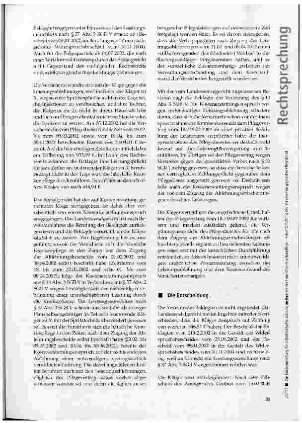 Vorschauseite 2: Zur Kostenerstattung für selbstbeschaffte Leistung im Rahmen der häuslichen Krankenpflege -Sekundärhaftung des Versicherten gegenüber Pflegedienst