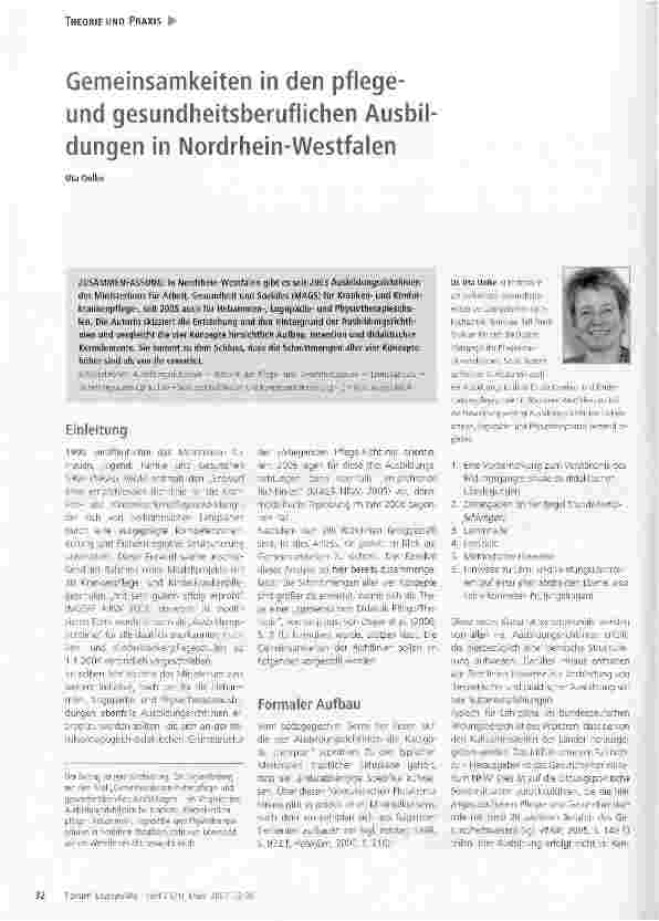 Vorschauseite 1: Gemeinsamkeiten in den pflege-und gesundheitsberuflichen Ausbildungen in Nordrhein-Westfalen