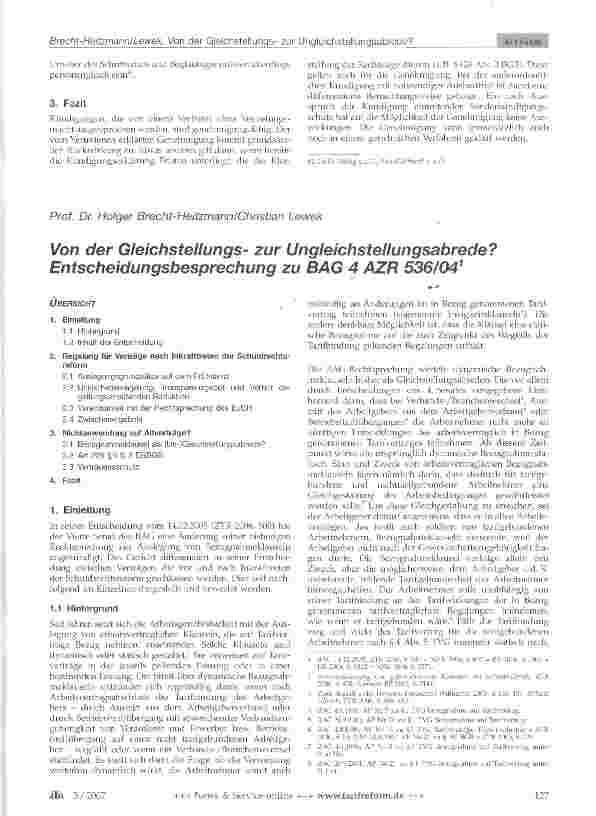 Vorschauseite 1: Von der Gleichstellungszur Ungleichstellungsabrede? Entscheidungsbesprechung zu BAG 4 AZR 536/041