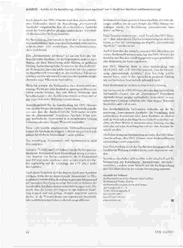 Vorschauseite 2: Ist die Bezeichnung Internationale Apotheke nur in Nordrhein-Westfalen wettbewerbswidrig?