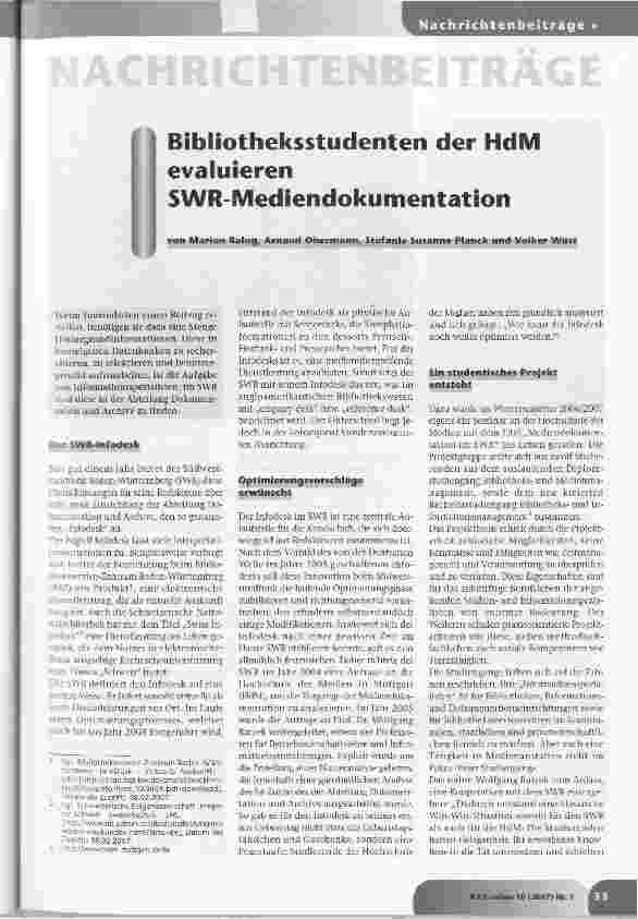Vorschauseite 1: Bibliotheksstudenten der HdM evaluieren SWR-Mediendokumentation