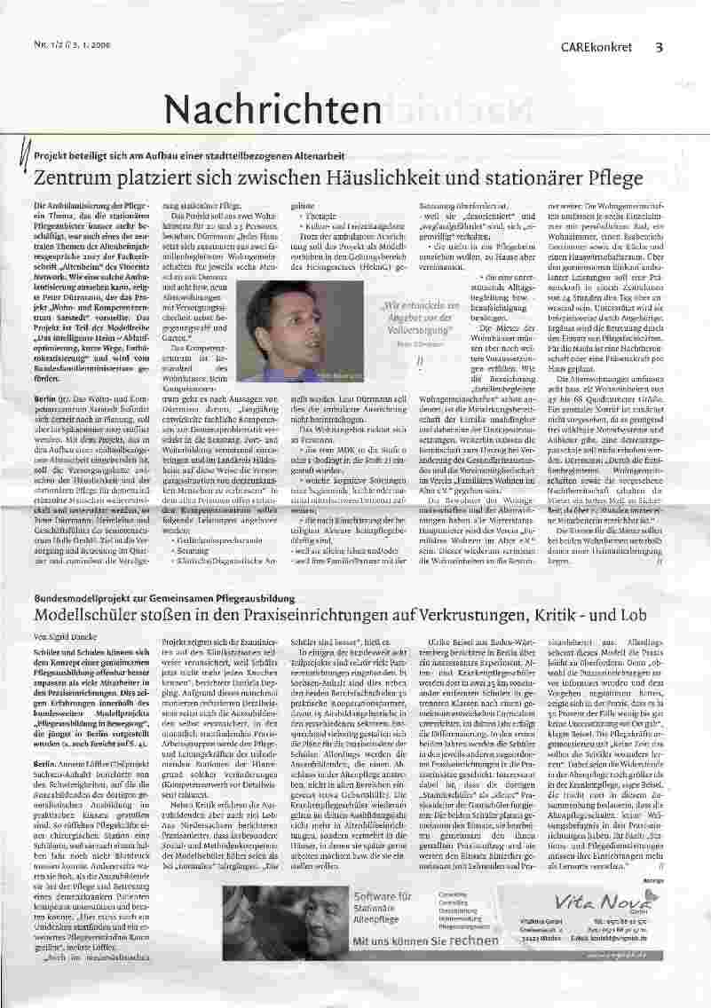 Vorschauseite 1: Zentrum platziert sich zwischen Häuslichkeit und stationärer Pflege