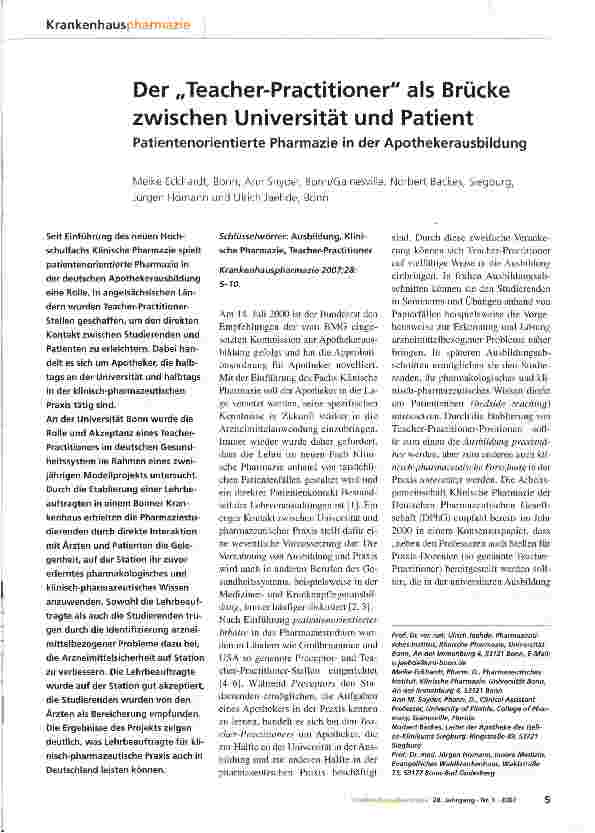 Vorschauseite 1: Der Teacher-Practitioner als Brücke zwischen Universität und Patient - Patientenorientierte Pharmazie in der Apothekerausbildung