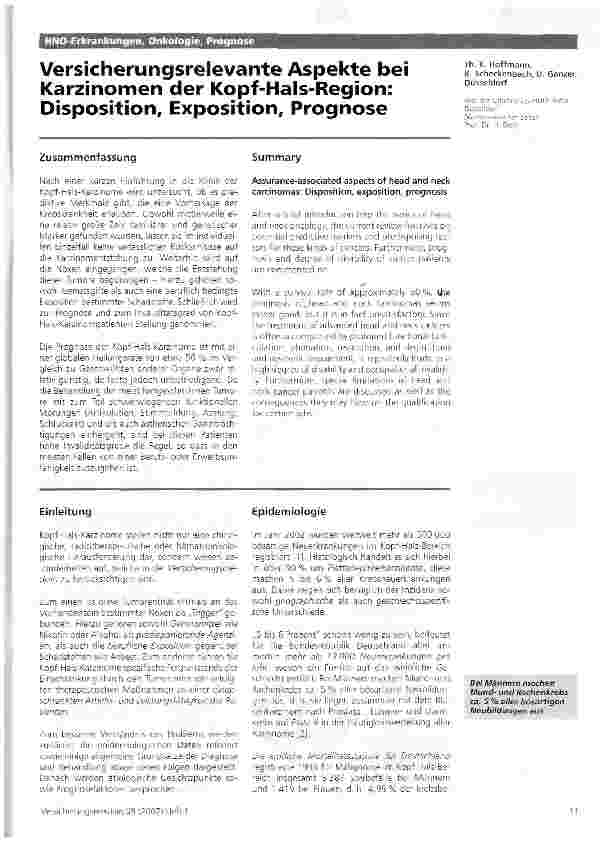 Vorschauseite 1: Versicherungsrelevante Aspekte bei Karzinomen der Kopf-Hals-Region: Disposition, Exposition, Prognose