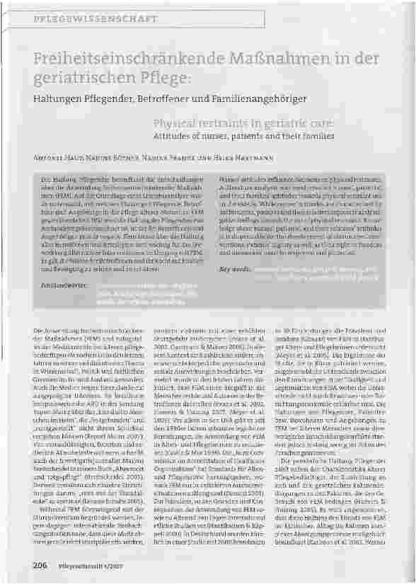 Vorschauseite 1: Freiheitseinschränkende Maßnahmen in der geriatrischen Pflege: Haltungen Pflegender, Betroffener und Familienangehöriger