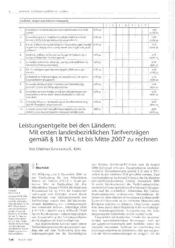 Vorschauseite 1: Leistungsentgelte bei den Ländern: Mit ersten landesbezirklichen Tarifverträgen gemäß § 18 TV-L ist bis Mitte 2007 zu rechnen