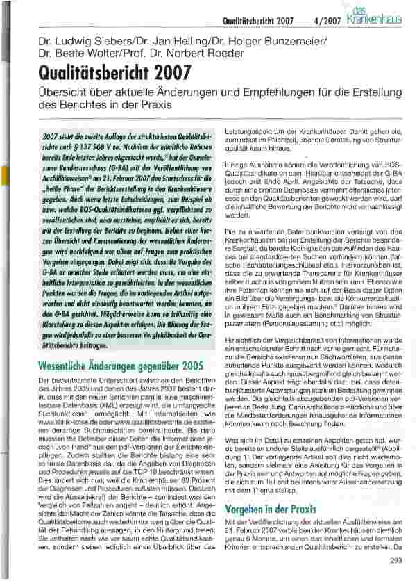Vorschauseite 1: Qualitätsbericht 2007 - Übersicht über aktuelle Änderungen und Empfehlungen für die Erstellung des Berichtes in der Praxis