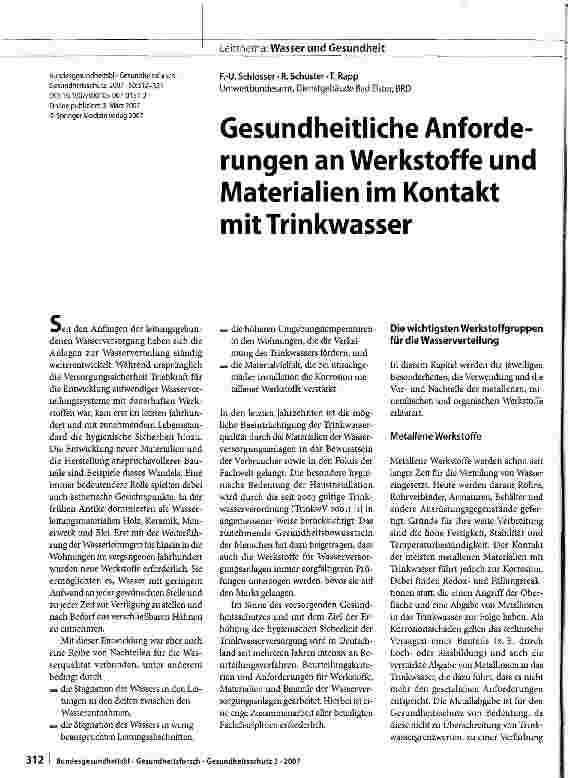 Vorschauseite 1: Gesundheitliche Anforderungen an Werkstoffe und Materialien im Kontakt mit Trinkwasser