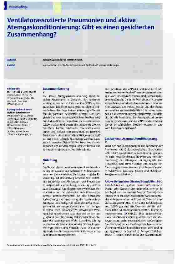 Vorschauseite 1: Ventilatorassoziierte Pneumonien und aktive Atemgaskonditionierung: Gibt es einen gesicherten Zusammenhang?