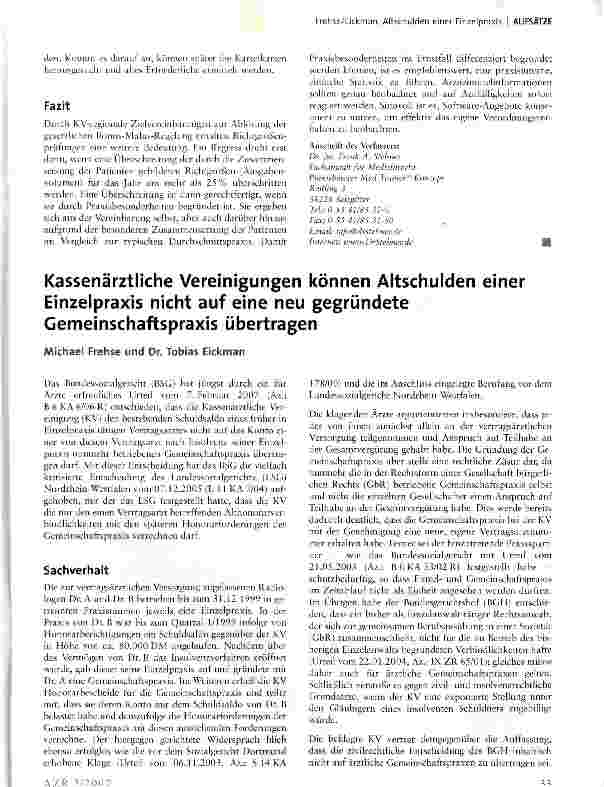 Vorschauseite 1: Kassenärztliche Vereinigungen können Altschulden einer Einzelpraxis nicht auf eine neu gegründete Gemeinschaftspraxis übertragen