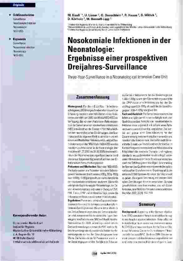 Vorschauseite 1: Nosokomiale Infektionen in der Neonatologie: Ergebnisse einer prospektiven Dreijahres-Surveillance