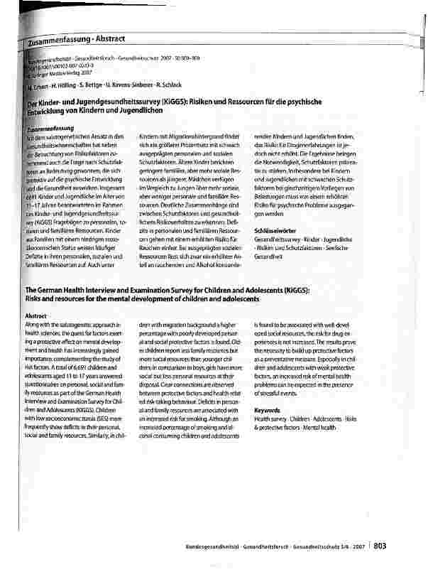 Vorschauseite 4: Der Kinderund Jugendgesundheitssurvey (KiGGS): Risiken und Ressourcen für die psychische Entwicklung von Kindern und Jugendlichen