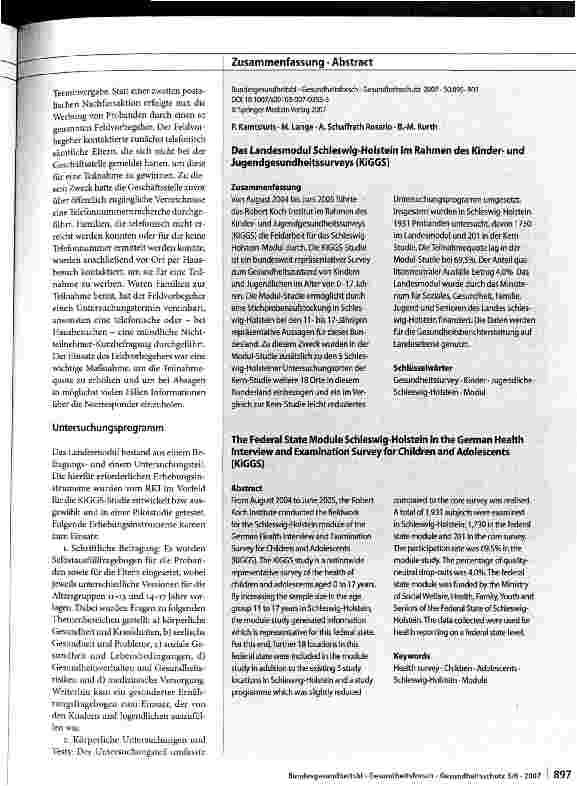 Vorschauseite 3: Das Landesmodul Schleswig-Holstein im Rahmen des Kindeirund Jugendgesundheitssurveys (KiGGS)