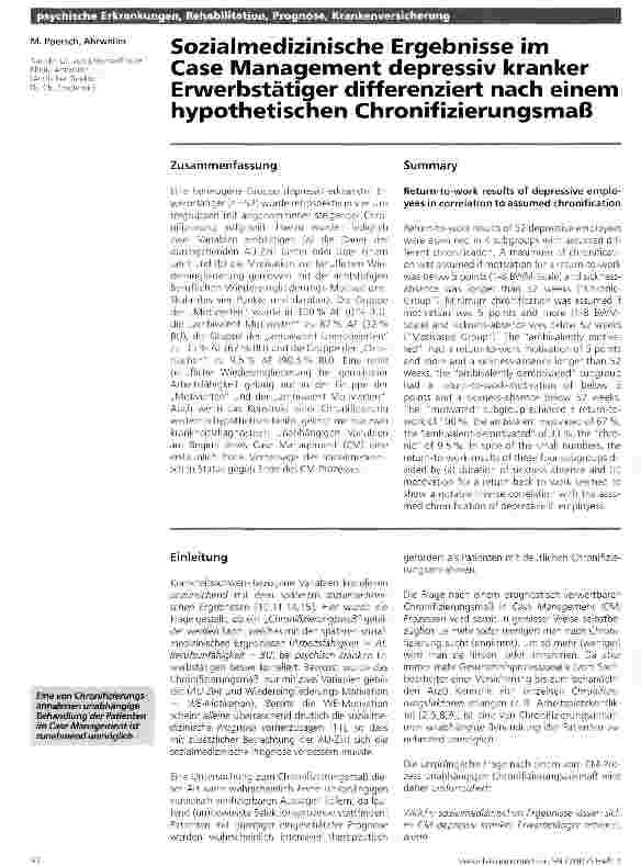 Vorschauseite 1: Sozialmedizinische Ergebnisse im Case Management depressiv kranker Erwerbstätiger differenziert nach einem hypothetischen Chronifizierungsmaß