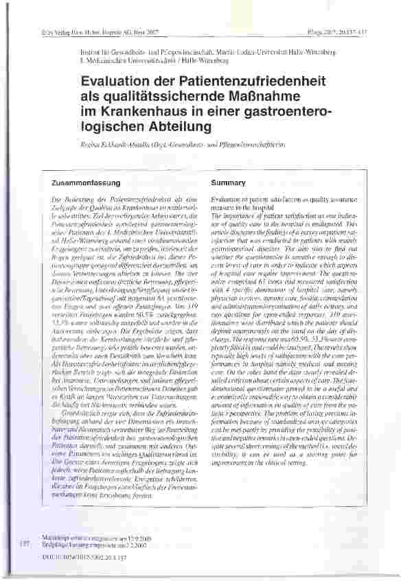 Vorschauseite 1: Evaluation der Patientenzufriedenheit als qualitätssichernde Maßnahme im Krankenhaus in einer gastroenterologischen Abteilung
