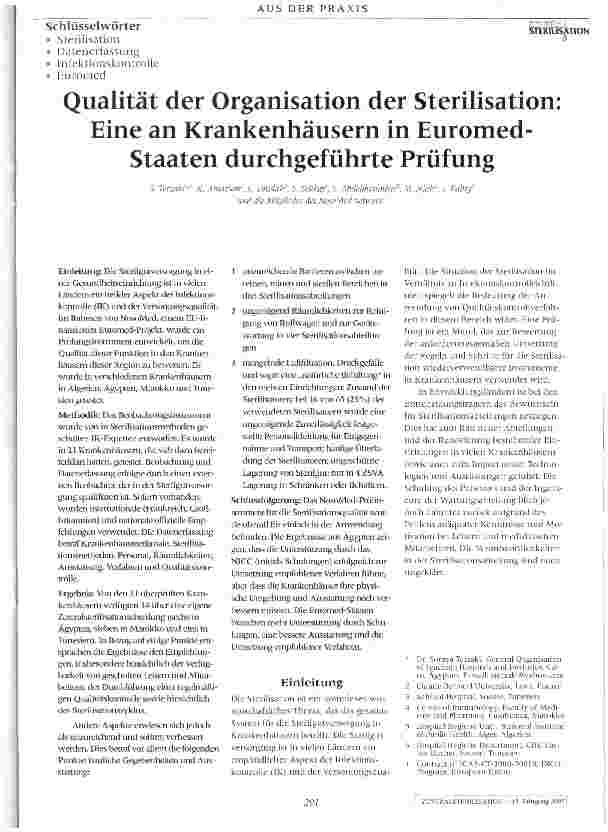 Vorschauseite 1: Qualität der Organisation der Sterilisation: Eine an Krankenhäusern in Euromed- Staaten durchgeführte Prüfung