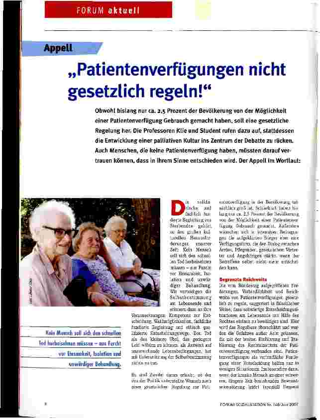 Vorschauseite 1: Patientenverfügungen nicht gesetzlich regeln!